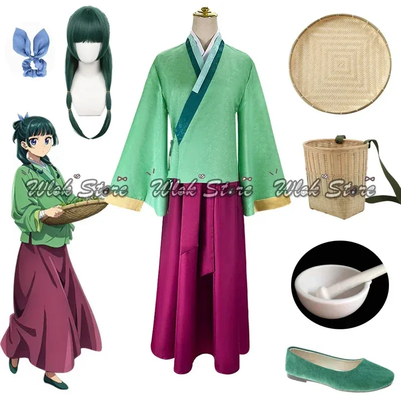 Disfraz de Anime Maomao, Tops, vestido, diarios de la boticaria, Mao Mao, peluca verde, zapato para el pelo, accesorio de juego de rol de Halloween, cesta de bambú