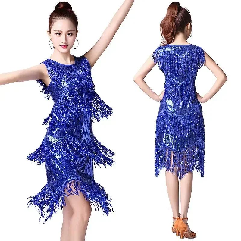 

Female Retro Tassel Sequin Dress Sexy Party Dress Blue Fringe Dress Shiny Latin Dance Costume Women Ballroom Stage Wear 1920s