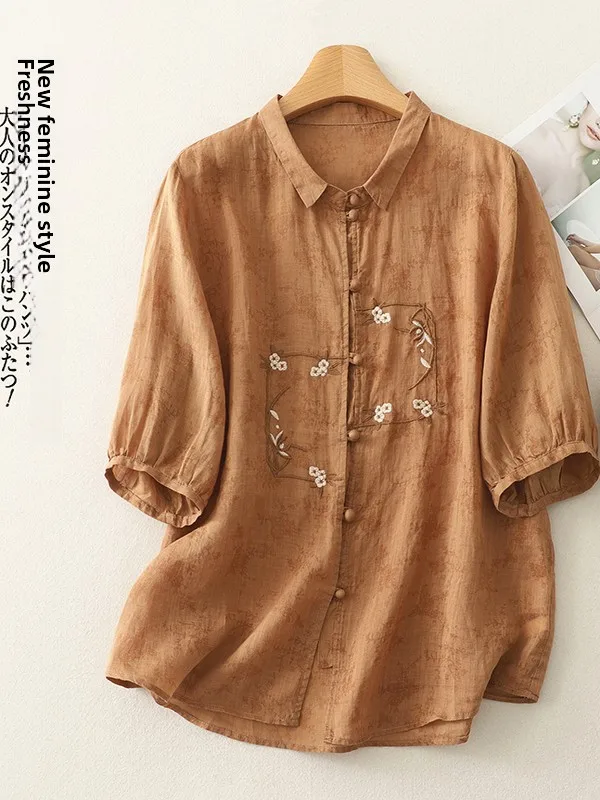 เสื้อคลุมคาร์ดิแกนผ้าฝ้ายลินินพิมพ์ลายปัก  ไซส์ใหญ่  สำหรับผู้หญิง  กระดุมเดี่ยว  ปกเปิด  แขนห้าส่วน  ใส่สบายๆ  สำหรับฤดูร้อน