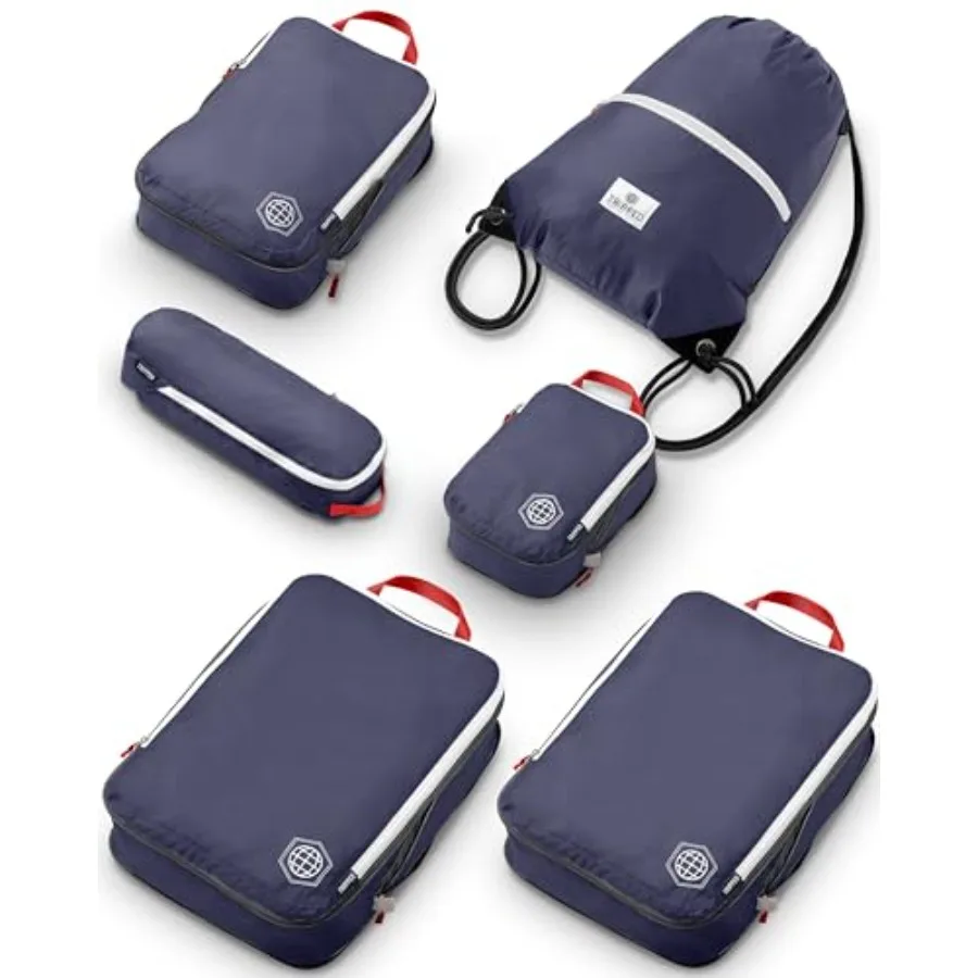 

Набор из 6 очень больших компрессионных упаковочных кубов для путешествий и багажа, темно-синий, из высокоплотной полиэстеровой ткани