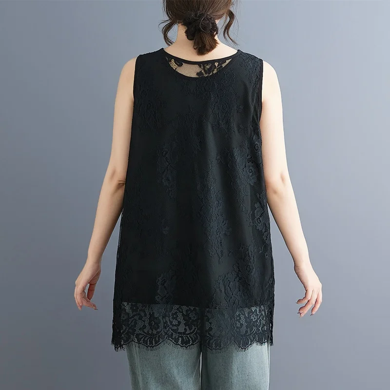 Damska kamizelka na ramiączkach z koronką, średniej długości, jednolita, w stylu koreańskim, letnia, nowa moda, duży rozmiar, prosty krój, poliester, bawełna...