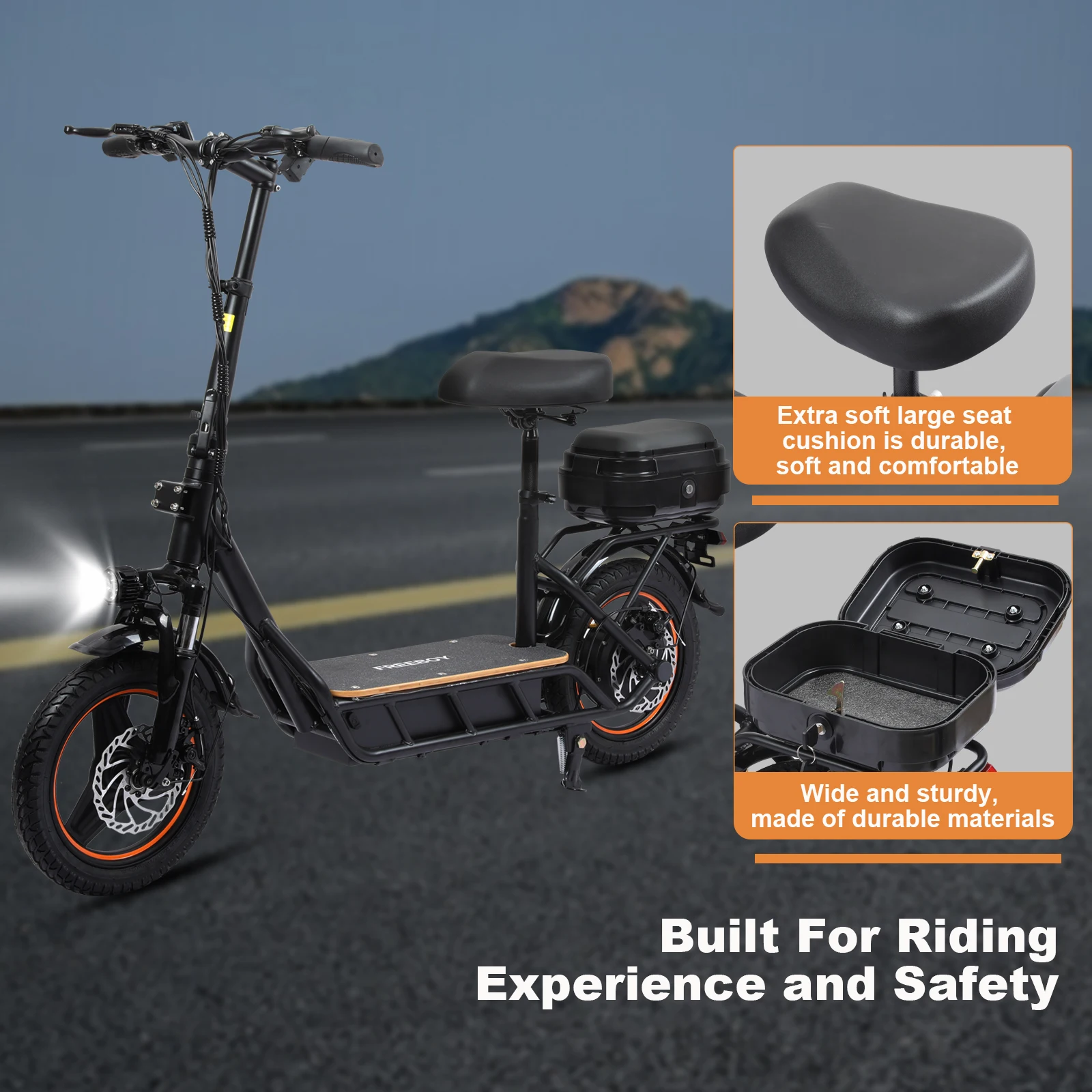 Scooters elétricos H14 com bateria, motor 750w, 48v, 18ah, com uma caixa de compras, pneus pneumáticos 14 polegadas