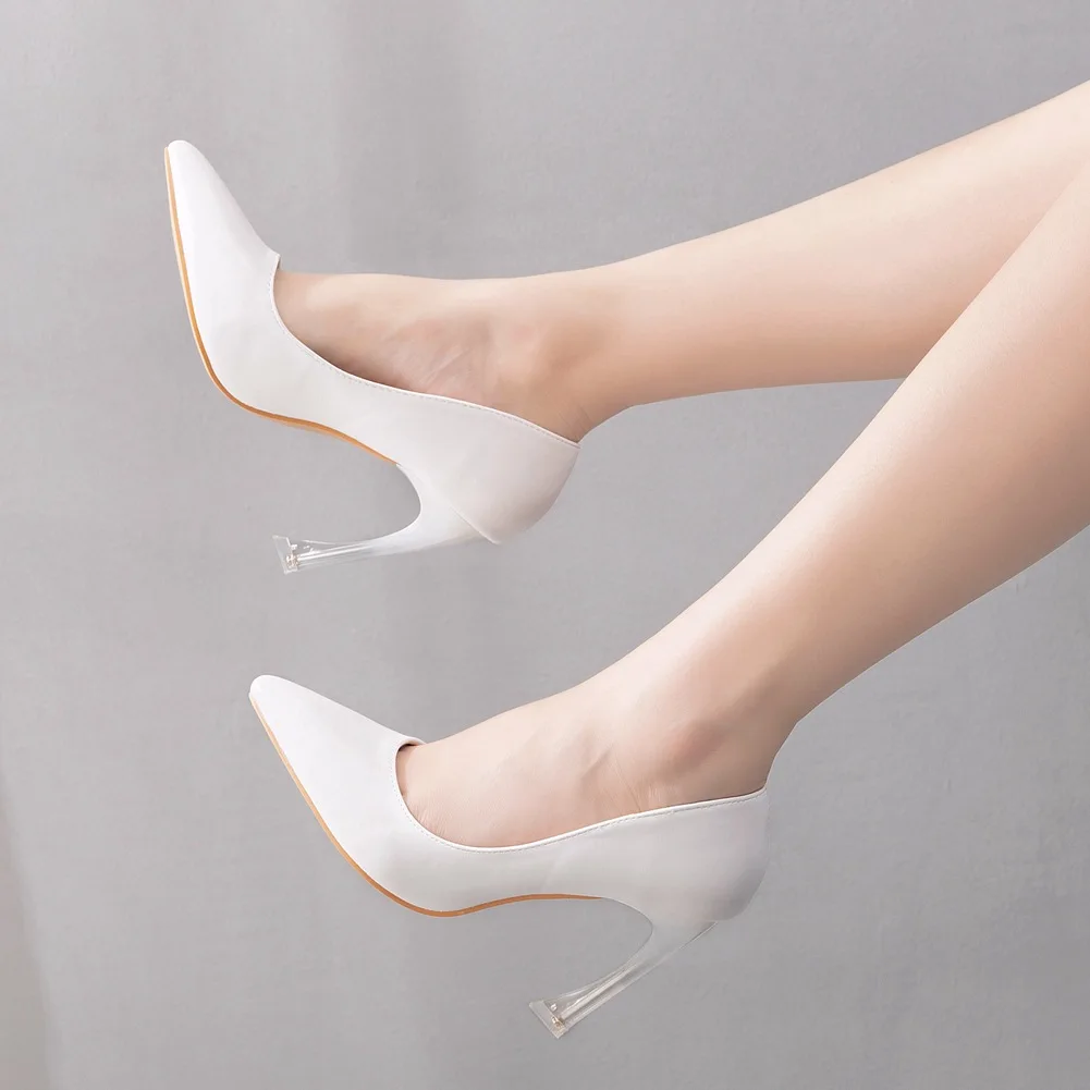 

Nude Shallow Mouth Women Pumps Solid Pointed Toe Slip on PU 9.5CM Thin High Heels Cover Heel Shoes for Women White