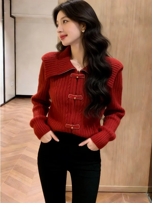 

Красный вязаный кардиган с воротником в китайском стиле, уникальный красивый женский топ малого размера для Нового года