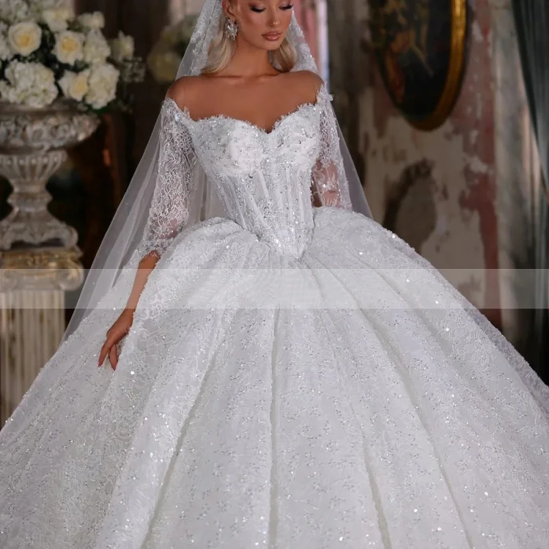 맞춤 제작 빈티지 블링 레이스 비즈 진주 볼 가운 웨딩 드레스 일루전 넥 3/4 소매 퍼프 브라이덜 가운