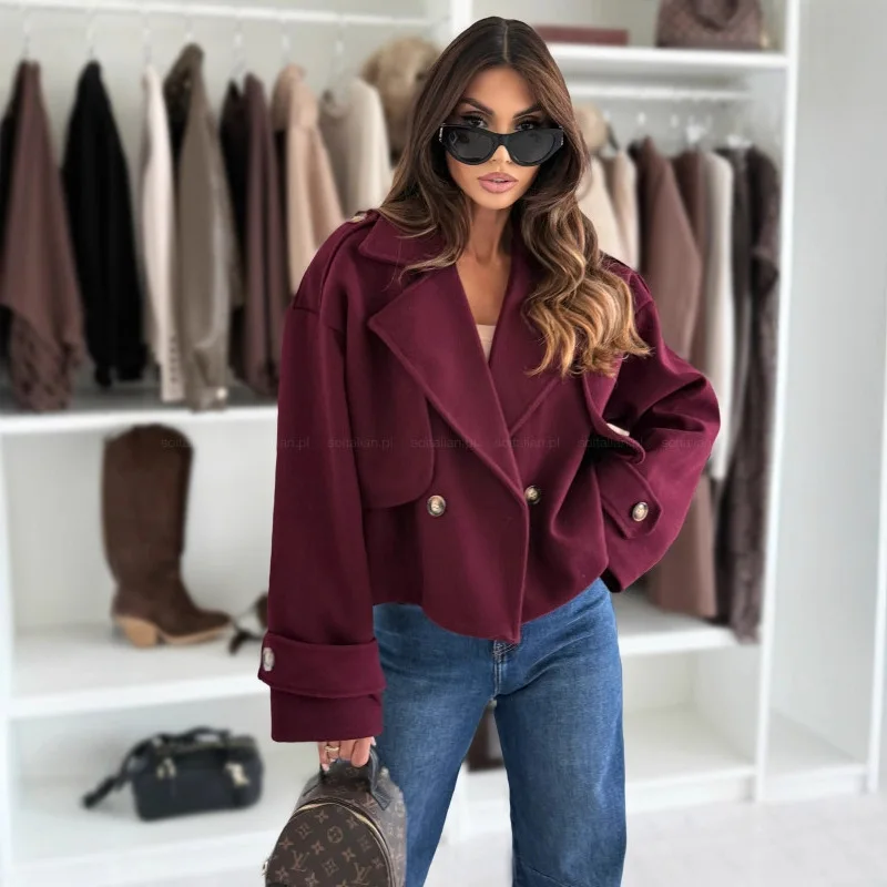 Manteau en laine pour femme, vestes en laine, col rabattu, boutons, couleur unie, pardessus de bureau, vêtements d'extérieur Vintage, automne hiver