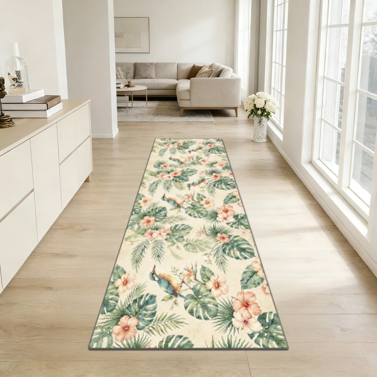 Romantic Antique Rose Pattern Floor Runner Mat Elegant Floral Frame Art Decor Rug for Farmhouse Indoor Corridor Space
