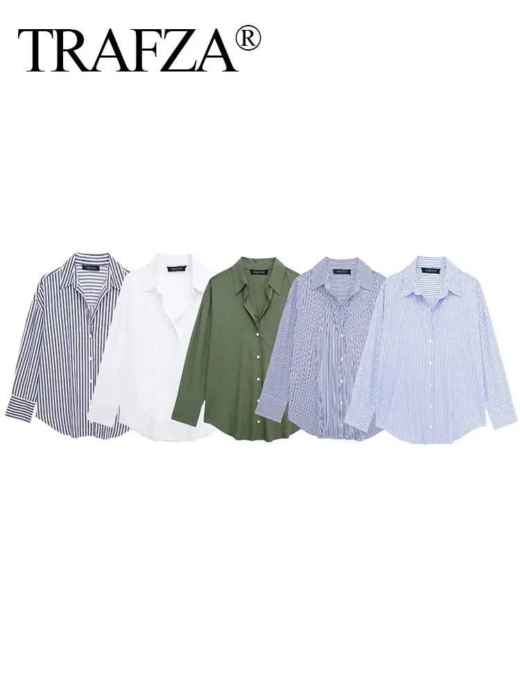 TRAFZA Summer Women\'s Elegant Long Sleeve Lapel Blouses Casual V-neck Single Breasted Loose Shirt Office Lady Commuter Tops