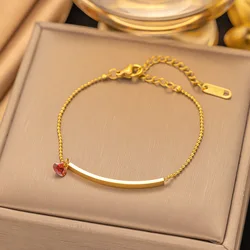 316L Stainless steel New fashion fine jewelry Simple red heart zircon charm beaded chain bracelet for women