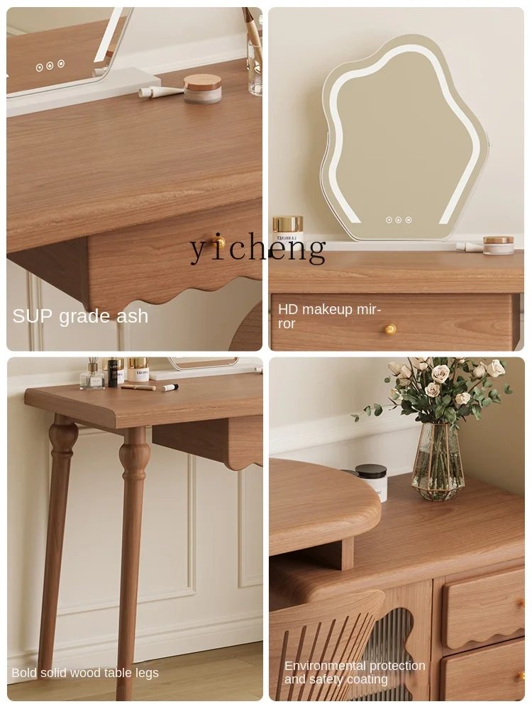 Solid Wood Dresser Chest of Drawers Integrated Bedroom Simple Mid-Ancient Style Small Apartment Retractable Makeup Table