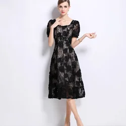 Sweet Luxury Formal Evening Long Dresses Women Short Sleeve 3D Flower Lace Embroidery Hollow Out Midi Dress Vestidos De Fiesta
