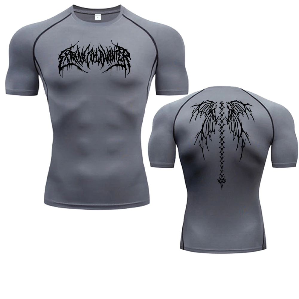 Bat Print Compression Shirts for Men Summer Short Sleeve Rash Guard Gym Workout Running Tshirt Athletic Quick Dry Tees Tops