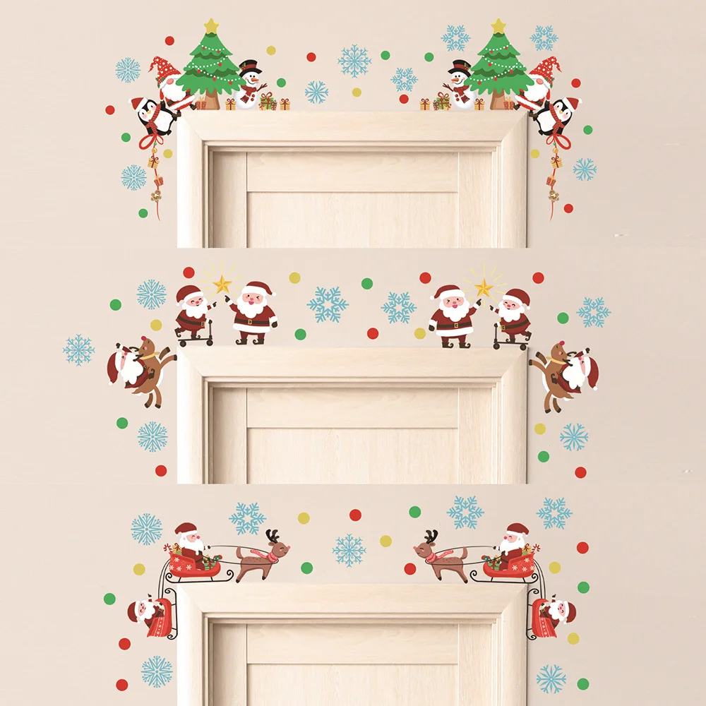 Cartoon Christmas Door Stickers Cling Santa Claus Snowman Elk Pattern Wall Decals Living Room Home Decoration Wallpaper Decor