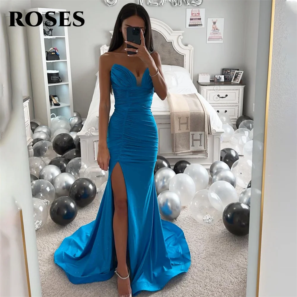 

ROSES Blue Evening Dress Sweetheart Mermaid Party Dress with Pleats Satin Sleeveless Prom Dresses Sexy Side Split فساتين الحفلات