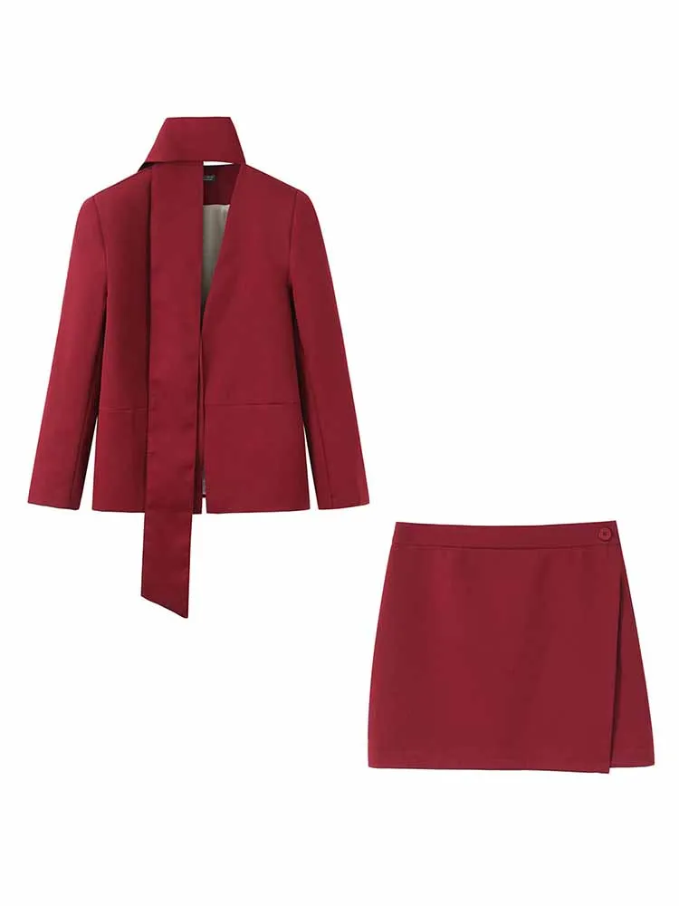 

HH Woman Spring Fashion Long Sleeves Scarf Decoration V Collar Blazer+Wrapped Short Skirt Female Casual Commuting Two Piece Set