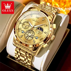 OLEVS Luxury Quartz Watch for Men Top Brand Stainless Steel Waterpoof Chronograph Mens Wristwatch Original Moon Phase Man Watch