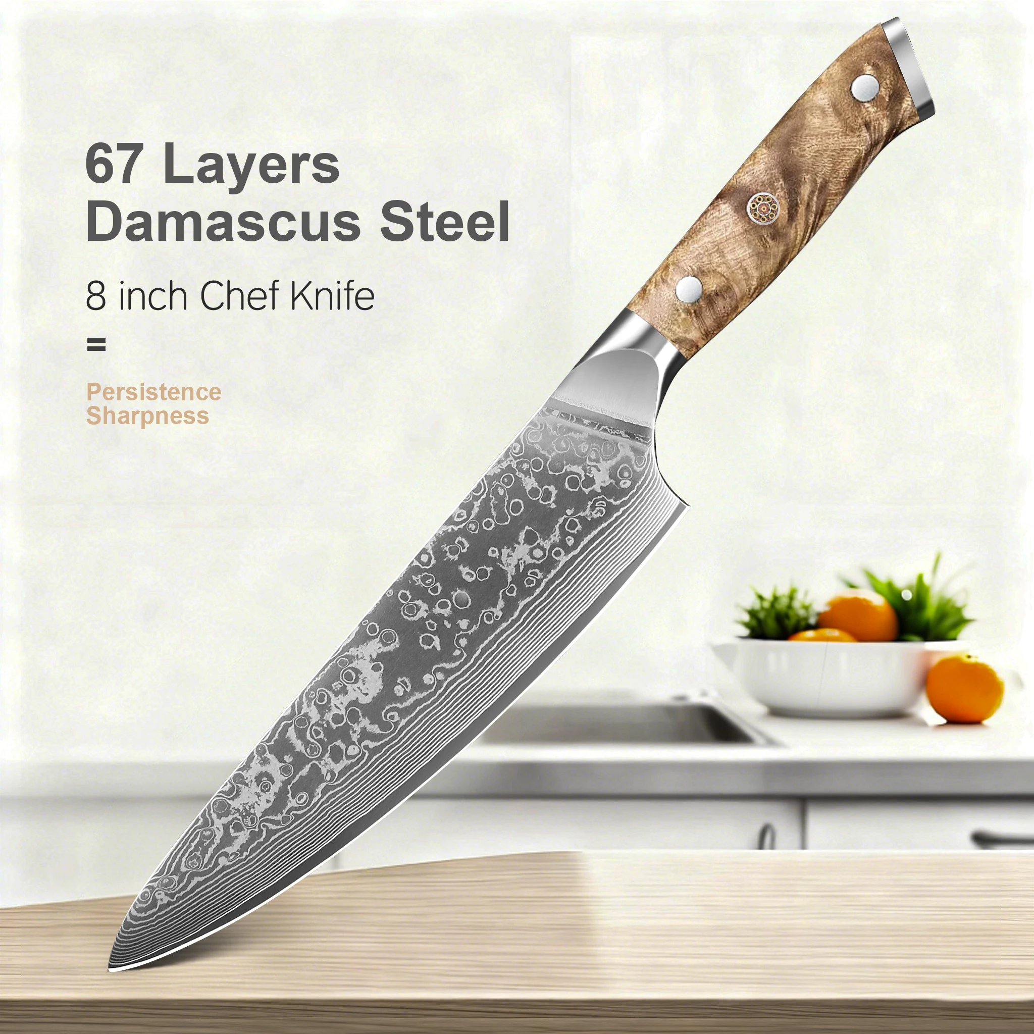 Professionelles 8-Zoll-Küchenmesser, handgefertigtes Kochmesser aus Damaststahl, natürlicher Wurzelholzgriff, Fleisch- und Gemüseschneider, Geschenkbox