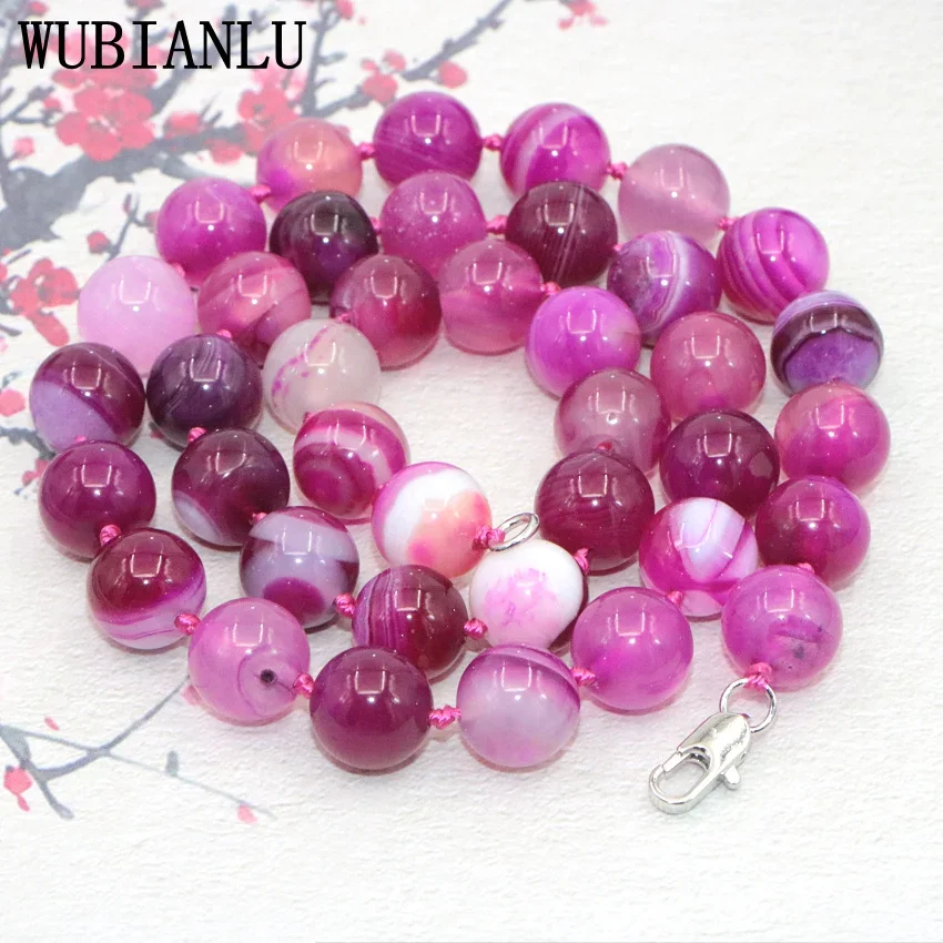 WUBIANLU 6-12mm Pink Agates Purple Onyx Stripe Natural Stone Round Beads Necklace Women Jades Findings Wholesale