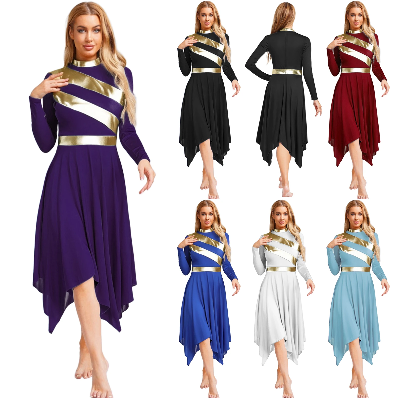Womens Tunic Liturgical Lyrical Dance Dress Praise Liturgical Choir Church Worship Costumes Long Sleeve Irregular Hem Dresses