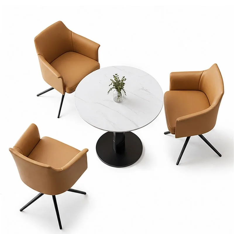 Modern Sintered Stone Negotiation Table Set with 360 Swivel PU Leather Armchairs for Office Hotel Cafe Reception Leisure Use