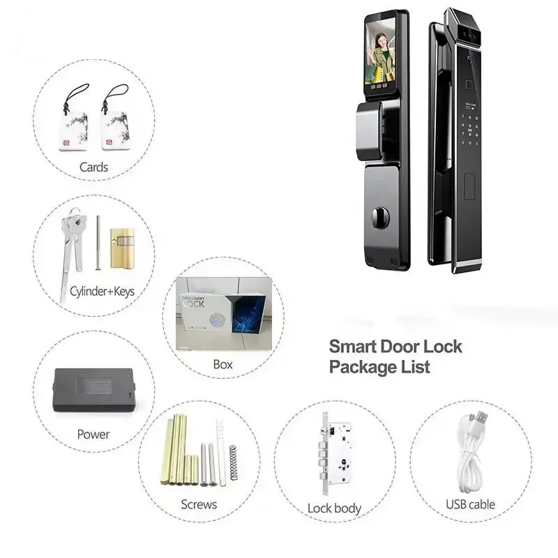 Smart Keyless Digital Door Lock, Tuya App, Função de Video Call, Reconhecimento Facial, Wi-Fi, 3D