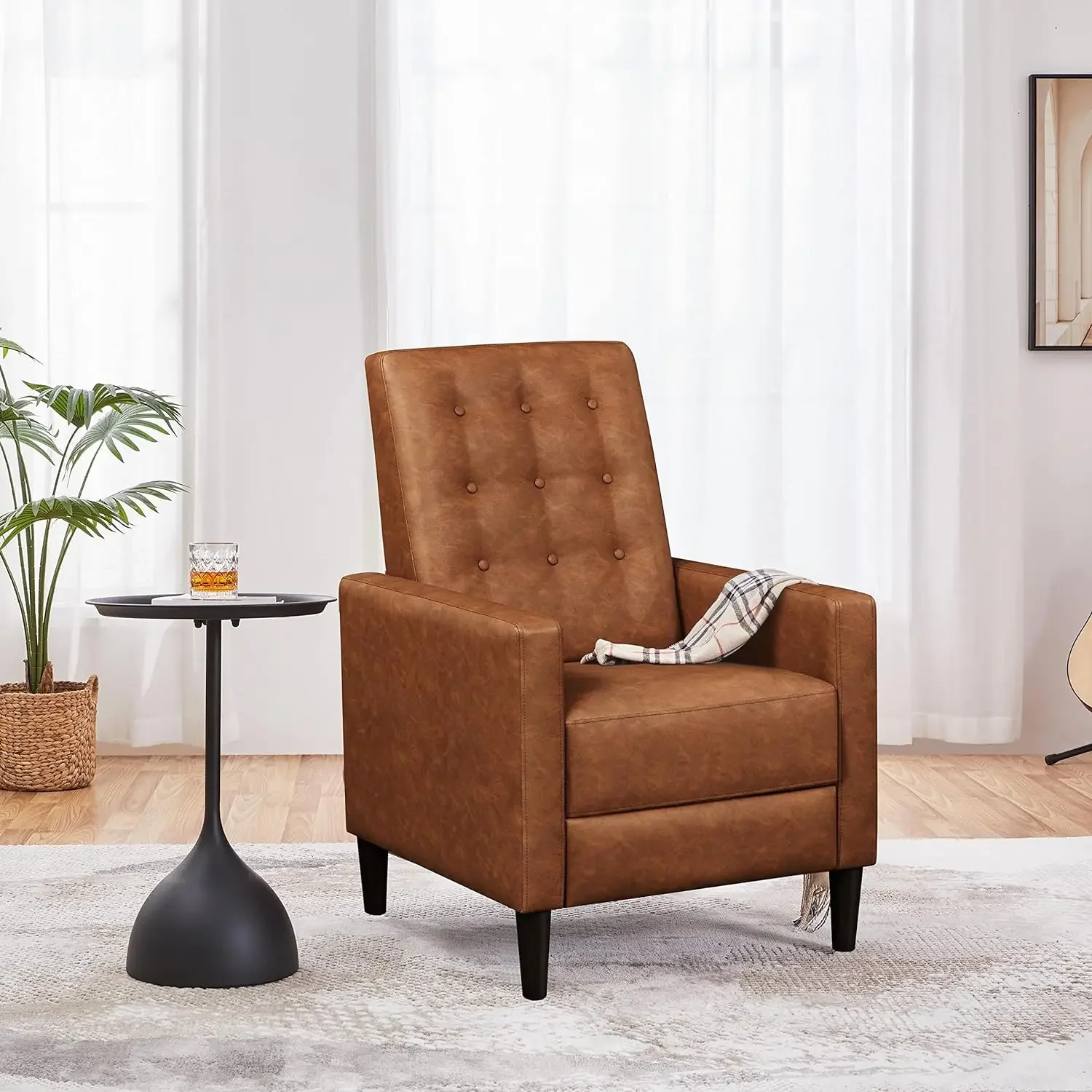 Faux Leather Recliner Sofa Mid-Century Modern Single Reclining Chair Adjustable Back & Footrest Tufted Upholstered Sofa Brown