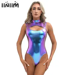 Womens Metallic Bodysuit Tops Mock Neck Sleeveless Catsuit Invisible Zipper Back Leotard Swimwear Nightclub Performance Costume