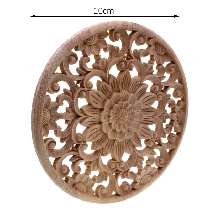 Carved Flower Carving Round Wood Appliques For Furniture Cabinet Unpainted Wooden Mouldings Decal Decorative Figurine