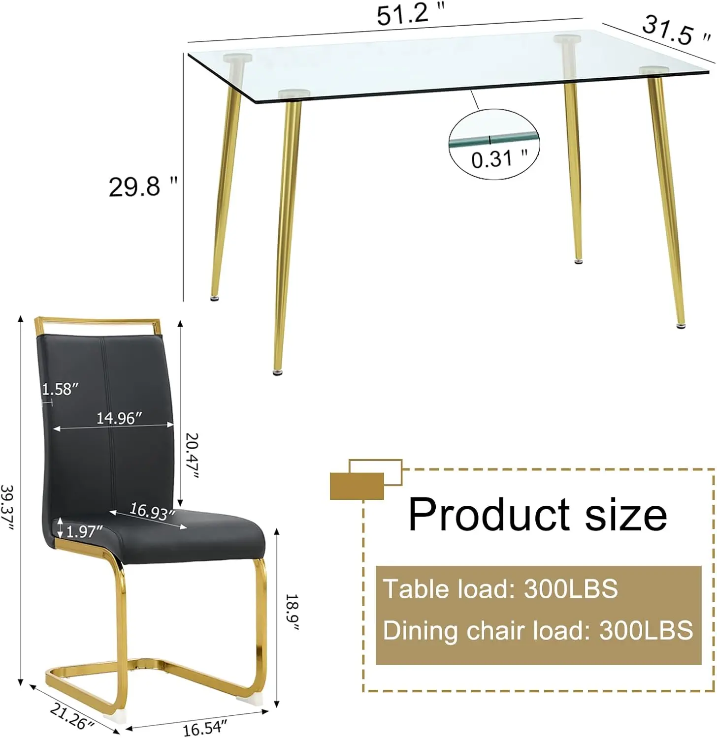 Ebullient Glass Dining Table Set for 4,5 Piece Dining Table and Chairs Set，Modern Kitchen Dining Room Table with 4 Black PU Leat