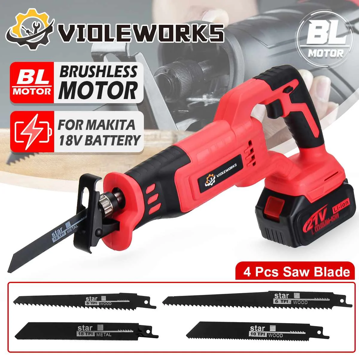 

Brushless Electric Reciprocating Saw Cordless Rechargeable Multifunction Saw Metal Wood Cutting Tool For Makita 18V Battery