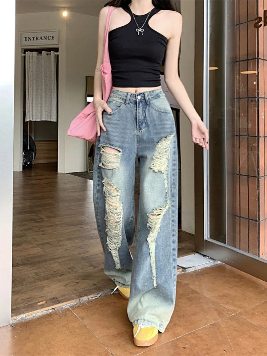 กางเกงยีนส์ทรงขาบานสไตล์อเมริกันเรโทรสีน้ำเงิน รุ่นใหม่ประจำฤดูร้อนปี 2024 เอวสูง ทรงตรง ยาวคลุมเท้า สไตล์ไฮสตรีท