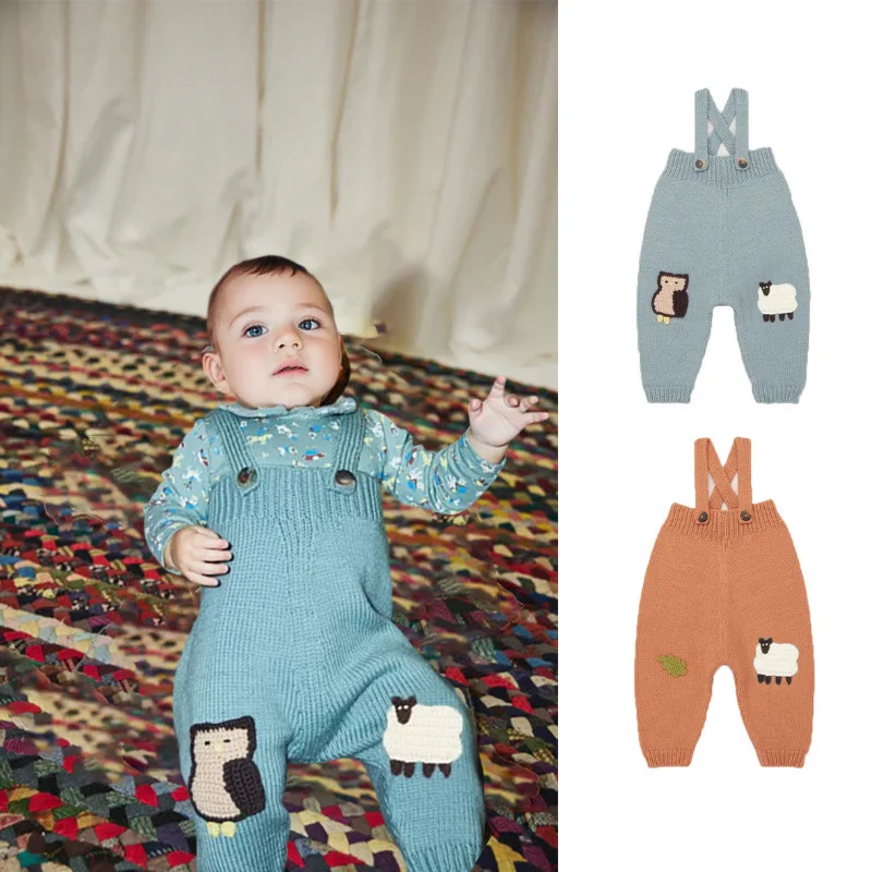 

2025 Autumn Winter Children Knitted Strap Pants Cute Cartoon Embroidery Infant Jumpsuit Baby Strap Pants