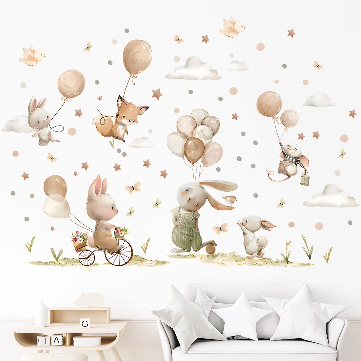 Large Cute Animal Fox Mouse Rabbit Balloon Children's Wall Stickers for Kids Rooms Baby Bedroom Home Decor Wallpaper Wall Decals