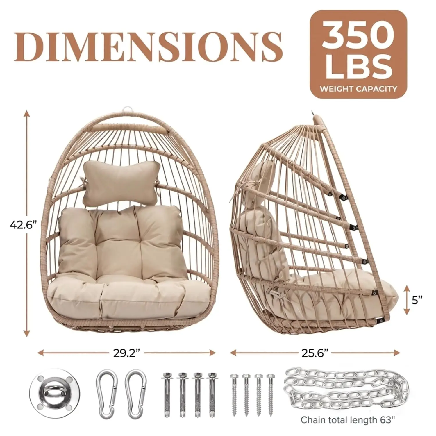 350LBS Wicker Hanging Egg Swing Chair Without Stand Padded Cushion Indoor Outdoor Patio, Customized