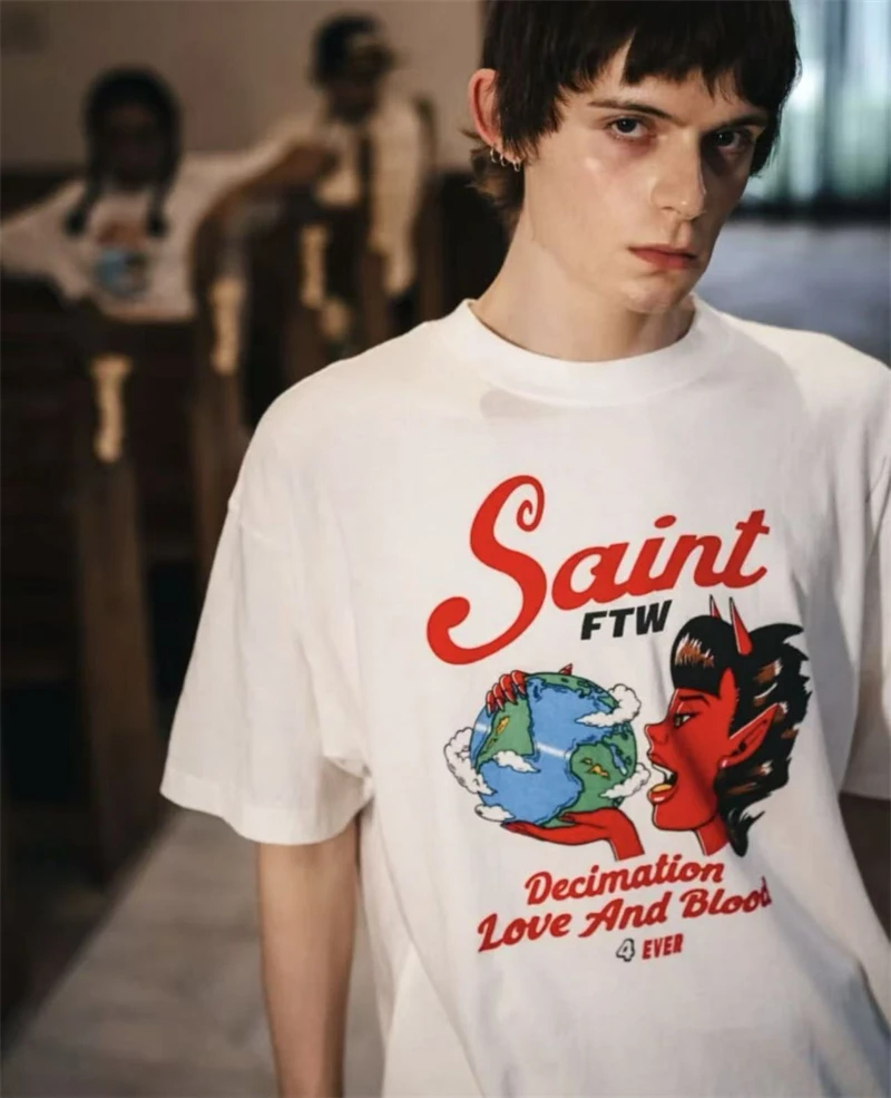 Saint of Michael New DEVIL Pattern Printed Washed Vintage High Street Casual Loose Cotton Versatile T-shirt MEN Tops