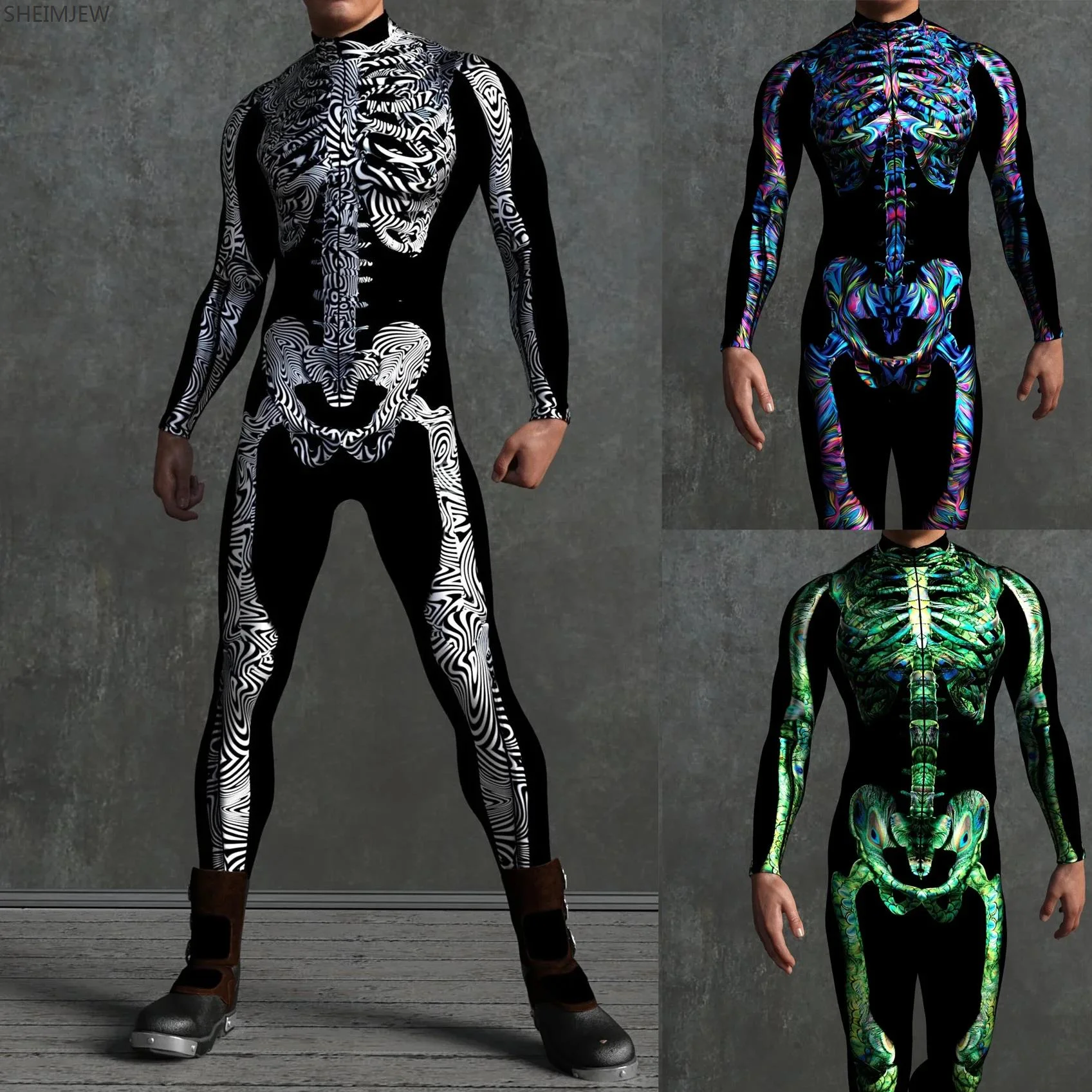 Men Women 3D Printed Colorful Skull Cosplay Jumpsuit Cyberpunk Zentai Suit Halloween Carnival Party Aerial Performance Bodysuits