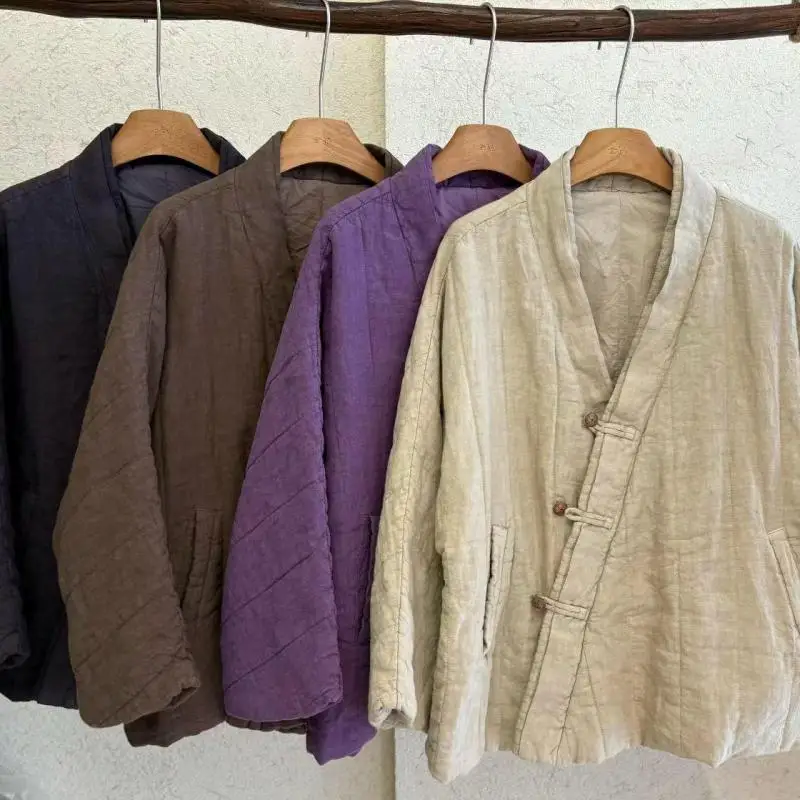 Autumn Winter New Arts Style Women Vintage Single Breasted V-neck Jackets Thicken Warm Cotton Linen Loose Coats High Quality