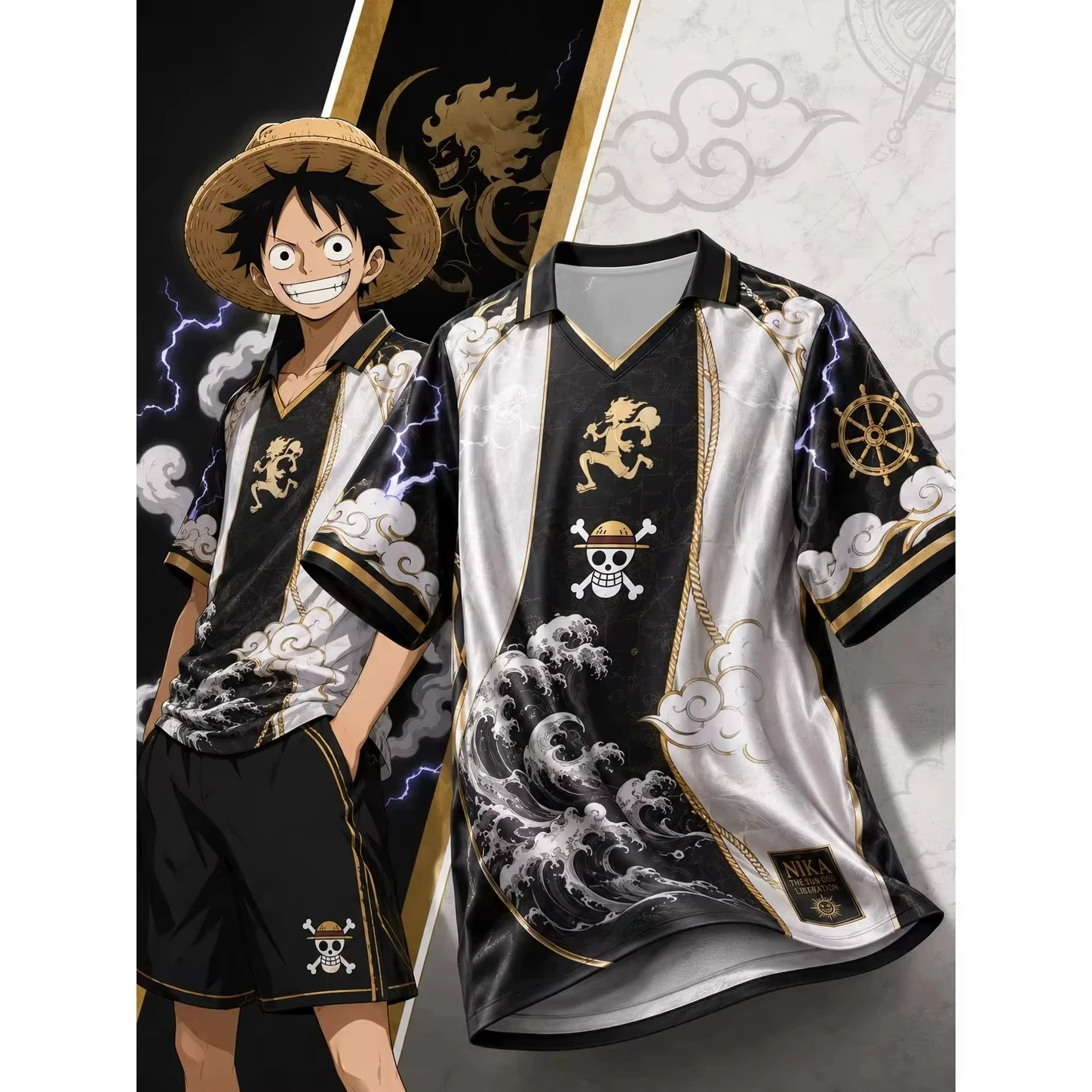 One Piece Nika Luffy Harajuku V Neck Collared Polo Football Jersey Breathable Trendy Casual Street Sport T Shirt Family Matching
