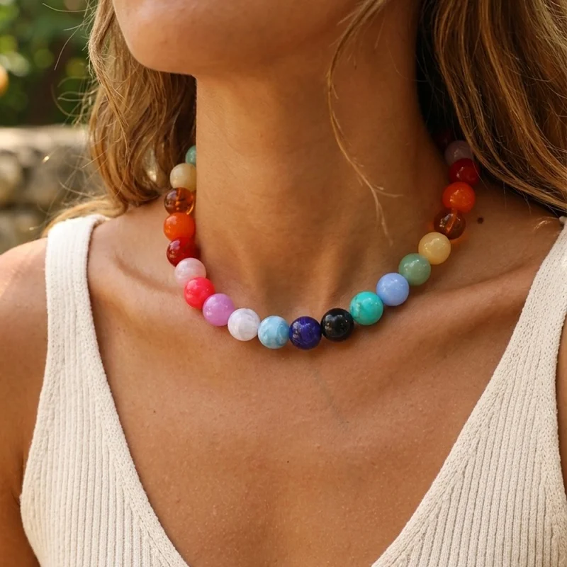 Resin Multicolor Stained Bead Necklace, Bohemian Style