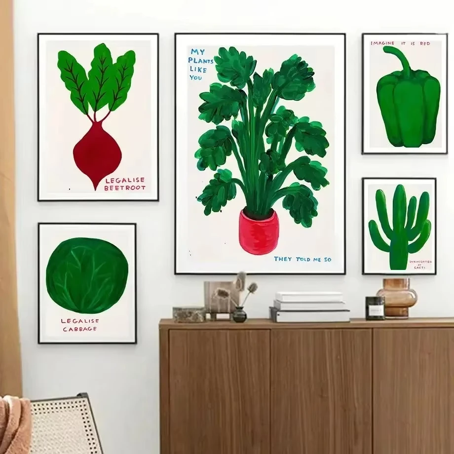 Abstract Whimsical Green Vegetables Fruits Poster Broccoli, Apple, Carrot, Green Pepper Canvas Art for Home Kitchen Decor