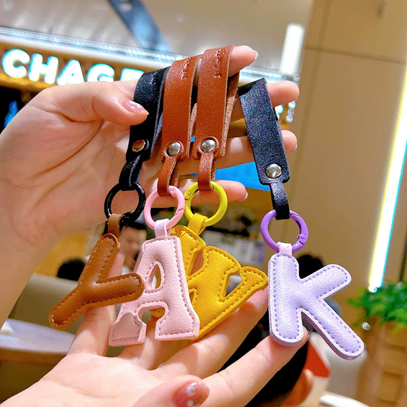 A to Z PU Leather Initial Letter Keychain For Women Fashion Cartoon Candy Color Bag Phone Pendant Car Key Chain Jewelry Gifts