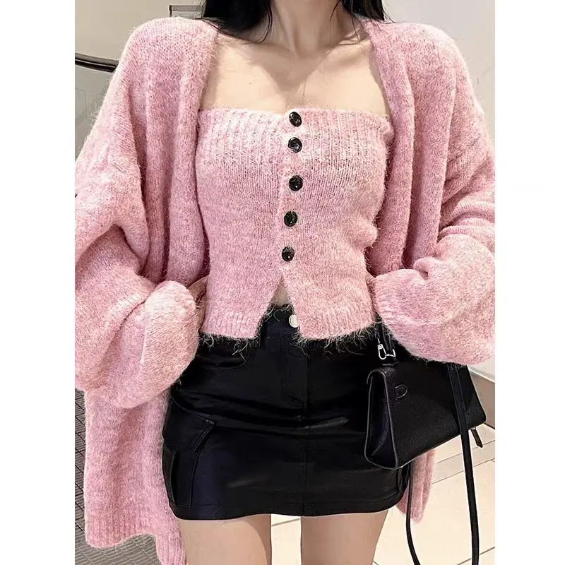 Woman Korean Fashion 2 Piece Set Chic Slim Basic Tube Top Loose Lknitted Sweater Jacket Lazy Outwear Elegant Cardigan Design