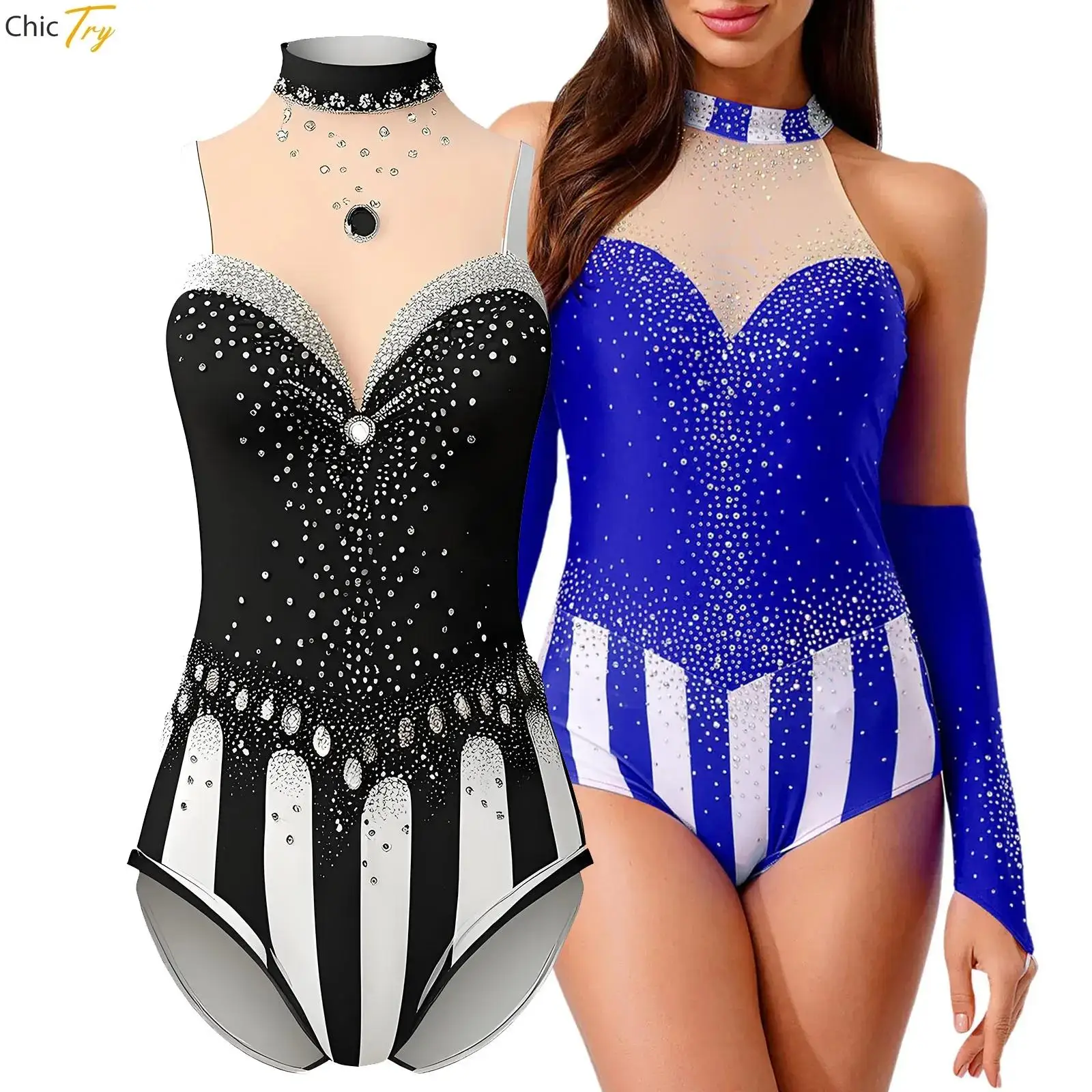 

Женское боди в полоску с блестящими стразами на Хэллоуин, гимнастическое фигурное катание, танцевальная одежда, костюмы
