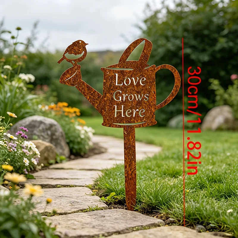 Rusty Metal Watering Can Garden Stake with Robin Bird, Water Can Theme with 