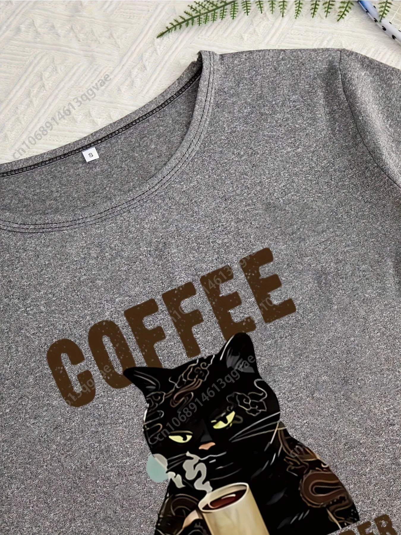 [Pijama fofo com estampa de café] Conjunto de pijama feminino de 3 peças – roupa de dormir fofa com estampa preta e café com top de pijama, shorts e calças |   Cinza