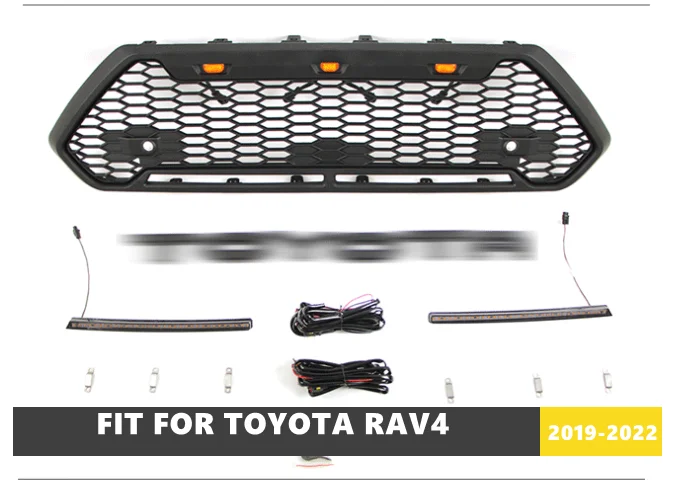 

High Quality ABS Black Grill Middle Grill Car Front Grills With LED Lights Light Strip Fit For Toyota RAV4 2019-2022