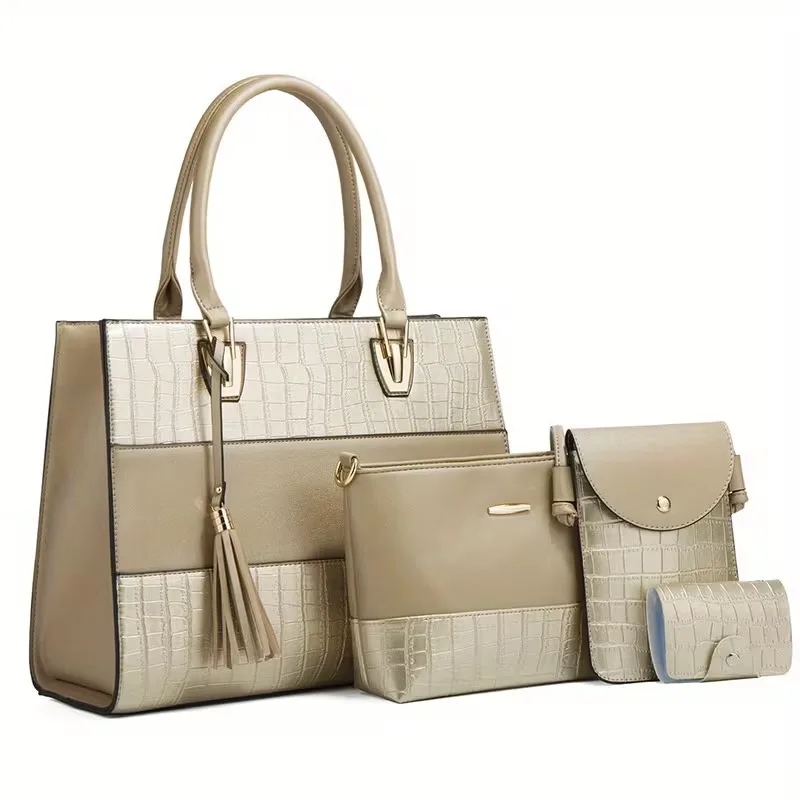 Women's Set Bag -4pcs Women's Set Vintage Crocodile Print Large Capacity Shoulder Bag Oblique Straddle Handbag Purse