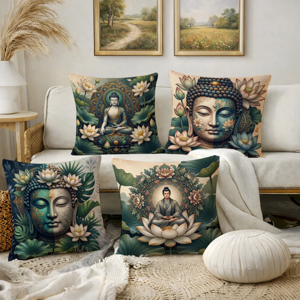 Quad Pack Buddha Lotus Zen Print Pillow Covers Polyester Spiritual Throw Cushion Cases for Boho Enlightenment Home Decor