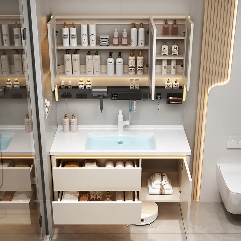 for Cream Wind Bathroom Cabinet Ceramic Integrated Basin Combination Intelligent Modern Rock Slab Bathroom Hand Wash Basin