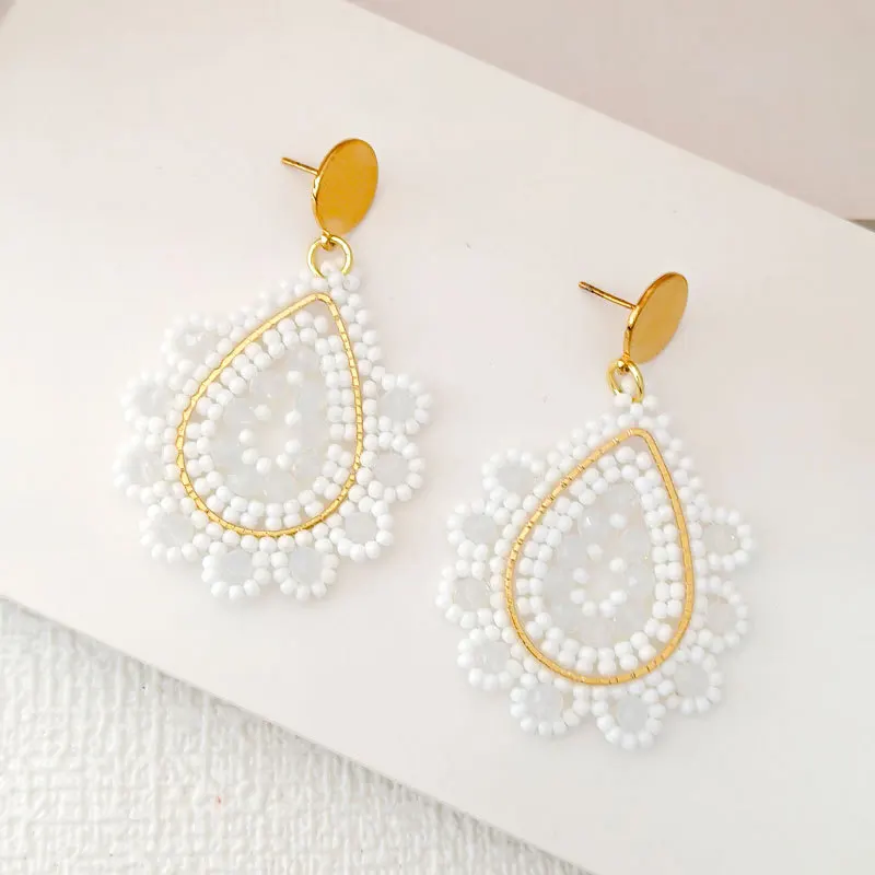 Beaded earrings Crystal Water drop Hollowed-out Bohemia Trend Simple female white Alloy Hand-woven Original Rice bead earrings